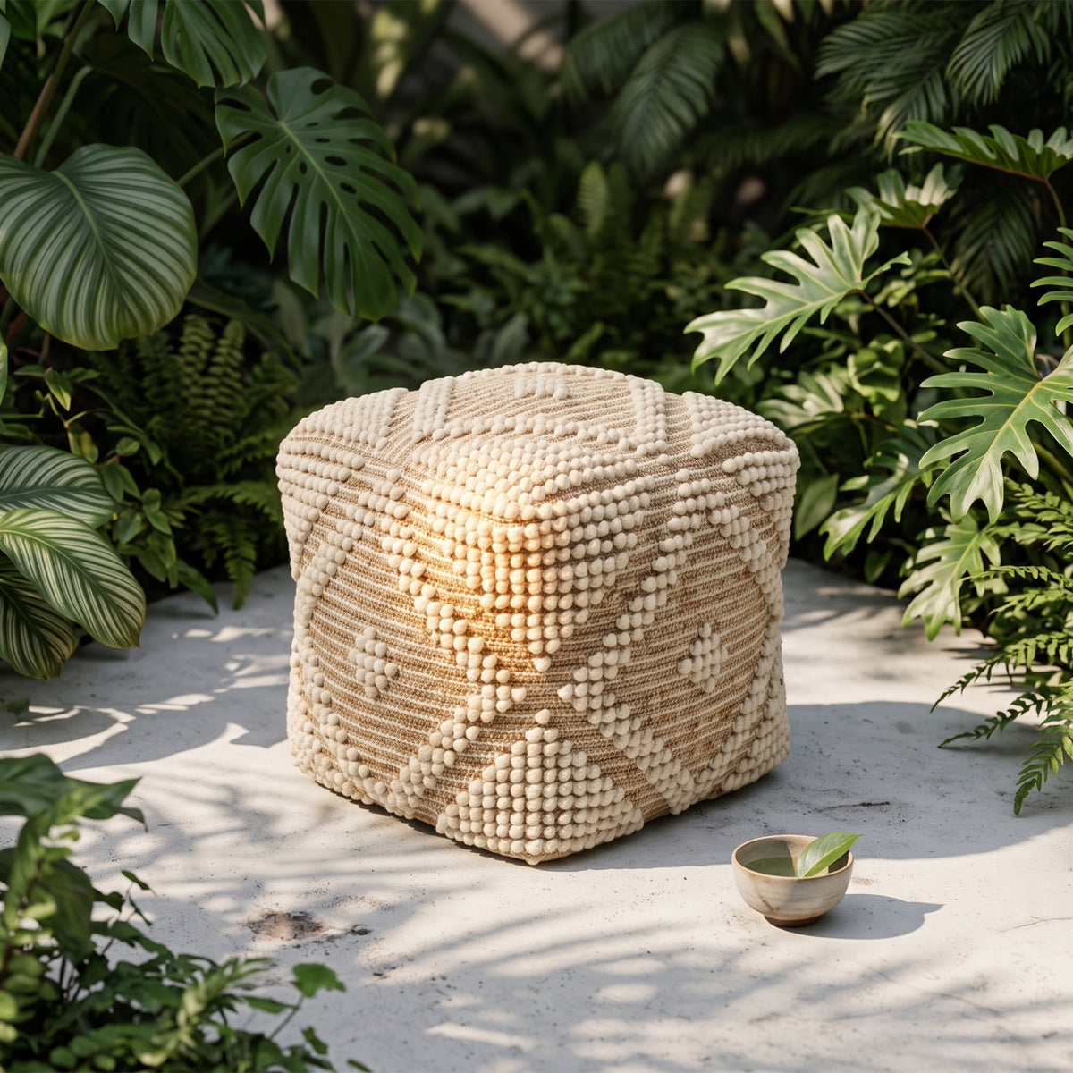 Bowie Pouf - Attractive White / Bright Beige [WOOL+JUTE+COTTON]