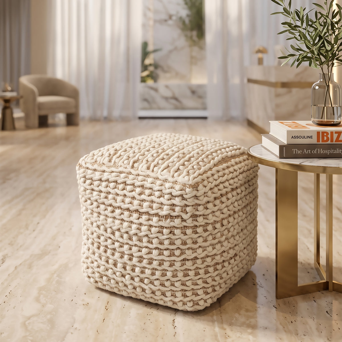 Clyde Pouf - Tan Skin / White Beige [WOOL+JUTE+COTTON]