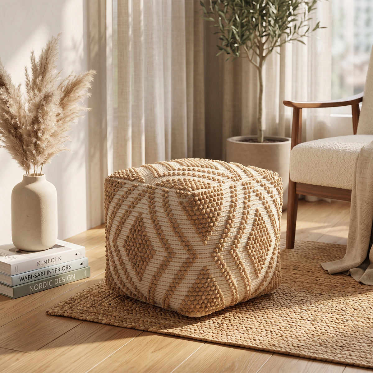 Milford Pouf - Natural Oak / Neutral Pearl White [JUTE+COTTON]