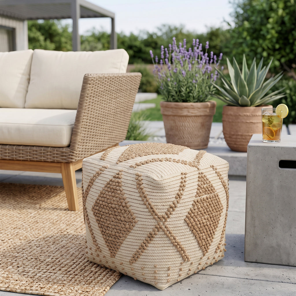 Cypress Pouf - Smooth Beige / Beautiful Cream [ WOOL+JUTE+COTTON]