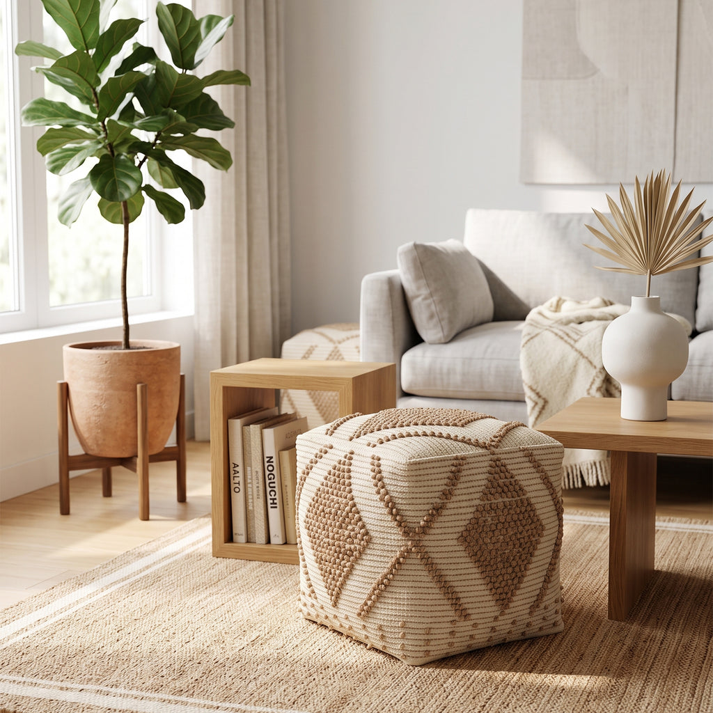 Cypress Pouf - Smooth Beige / Beautiful Cream [ WOOL+JUTE+COTTON]