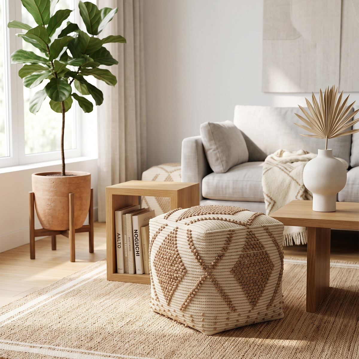 Cypress Pouf - Smooth Beige / Beautiful Cream [ WOOL+JUTE+COTTON]