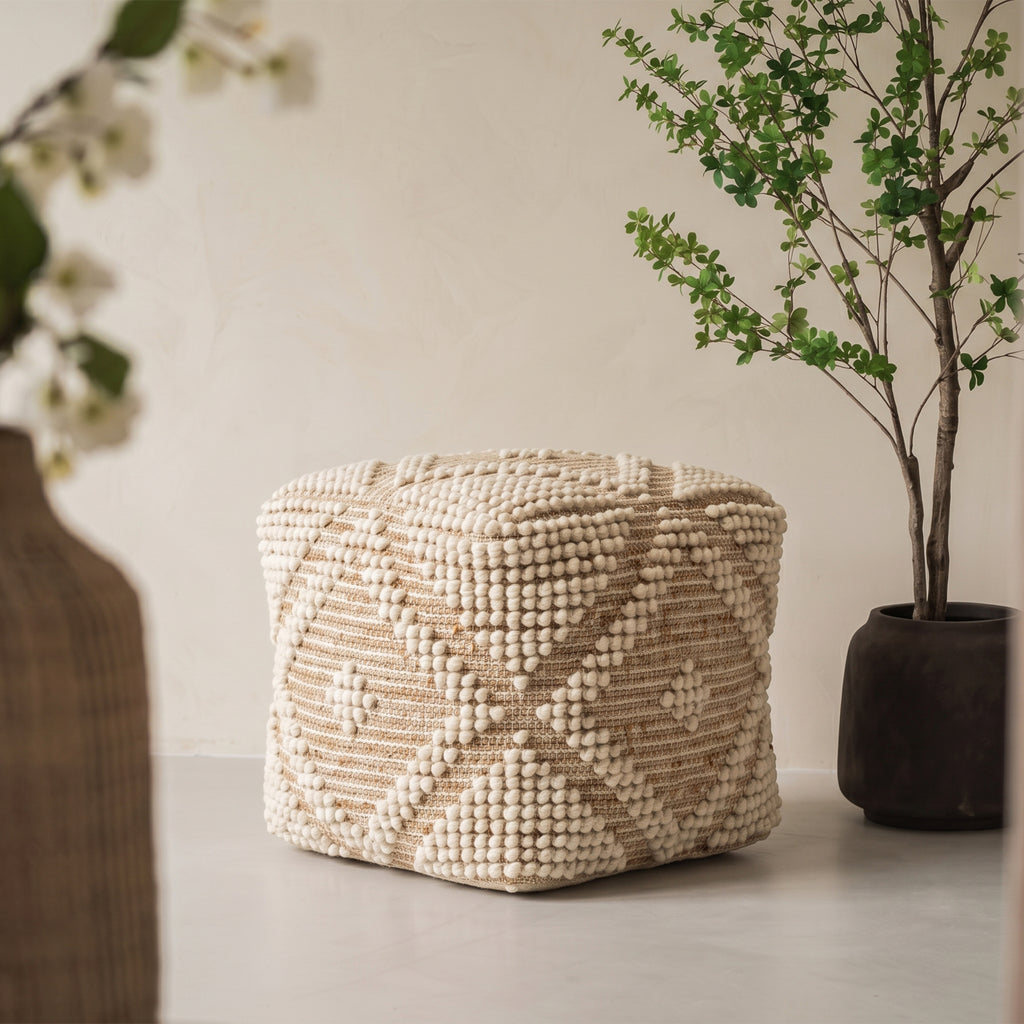 Bowie Pouf - Attractive White / Bright Beige [WOOL+JUTE+COTTON]