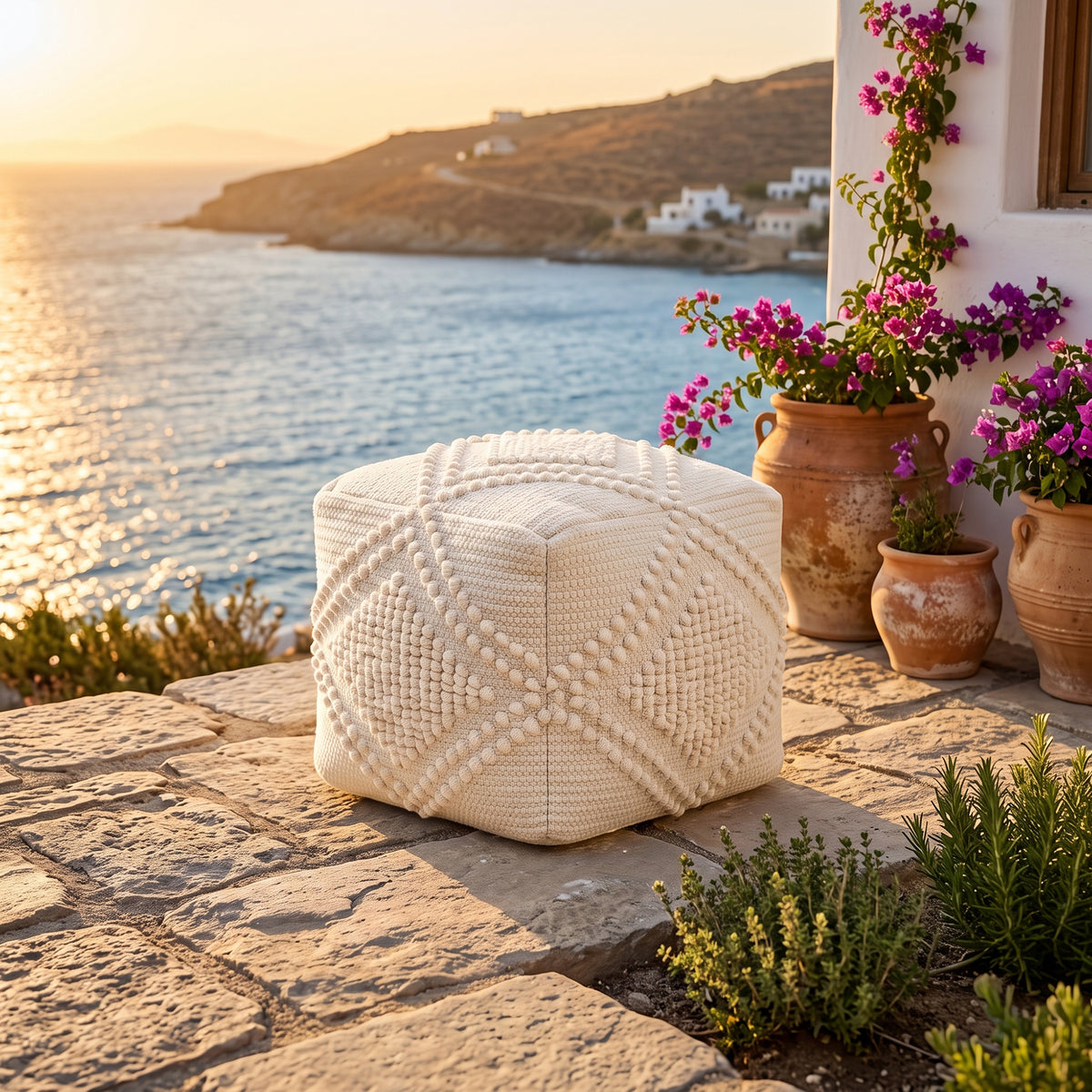 Lebanon Pouf - Ivory Linen / Fashion White [WOOL+COTTON]
